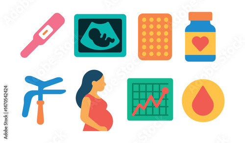 Flat vector icons of reproductive health: pregnancy test, ultrasound, contraception pill, prenatal vitamins, gynecology icon, baby bump, fertility chart, menstrual cycle.