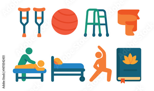 Flat vector icons of rehabilitation and recovery: crutches, physical therapy ball, mobility aid, exercise band, massage icon, rehab bed, stretching pose, wellness journal.