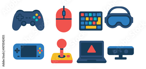 Flat vector icons of gaming devices: game controller, gaming mouse, mechanical keyboard, VR headset, handheld console, arcade joystick, gaming laptop, motion sensor.