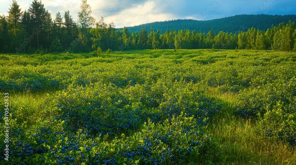 Fototapeta premium Blueberry field with forest