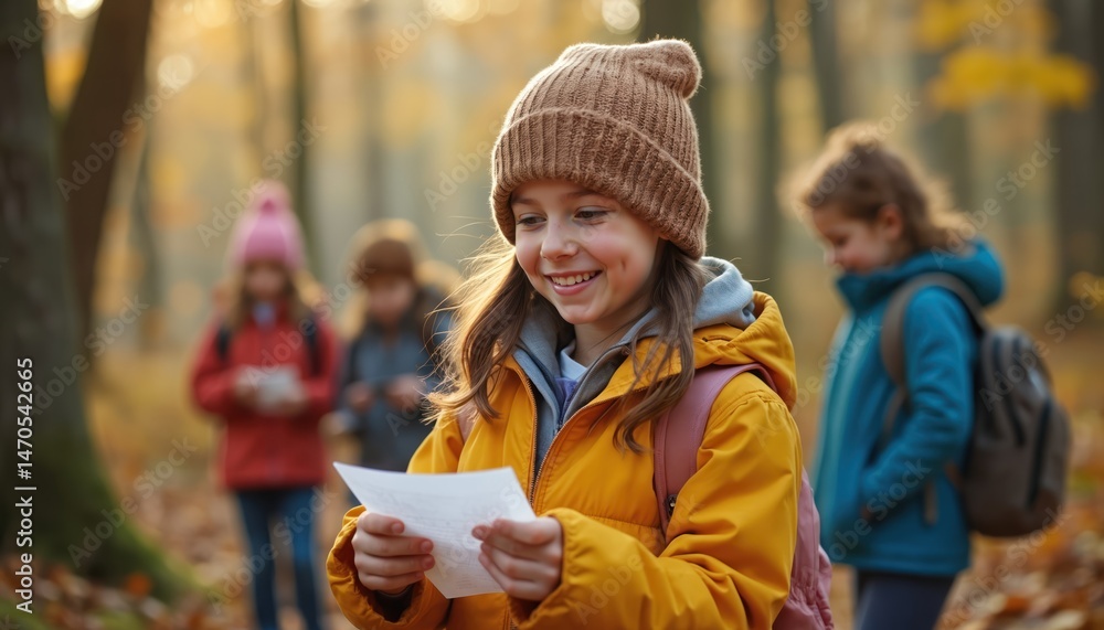 Group of kids exploring forest on scavenger hunt. Children looking at paper list. Outdoor education, fun activity. Pupils walk, search, play outdoors on autumn day. Group of kids exploring forest on scavenger hunt. Children looking at paper list. Outdoor education, fun activity. Pupils walk, search, play outdoors on autumn day.