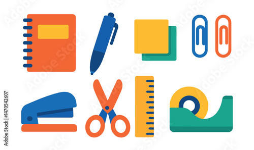 Flat vector icons of office supplies: notebook, pen, sticky notes, paper clips, stapler, scissors, ruler, tape dispenser.