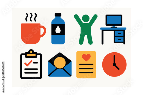 Flat vector icons of workplace habits: coffee break, hydration reminder, stretch icon, clean desk, end-of-day review, inbox zero, gratitude list, focus time.