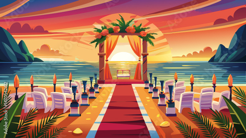 Romantic oceanfront destination wedding ceremony setup at golden sunset hour