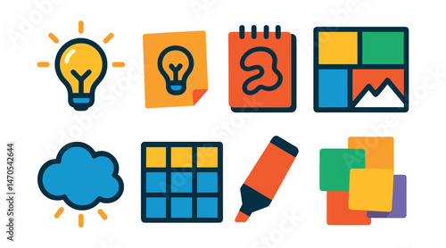 Flat vector icons of brainstorming and planning: lightbulb, idea note, sketchpad, mood board, brainstorm cloud, planning grid, marker pen, sticky cluster.