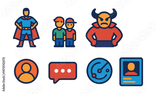 Flat vector icons of game characters: hero figure, sidekick, villain, boss fight, NPC symbol, dialogue box, enemy radar, character card.