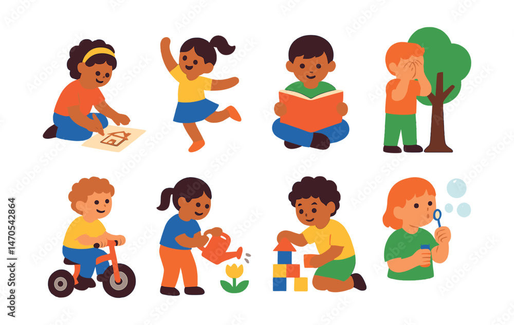 Flat vector icons of kids activities: drawing, dancing, reading, hide and seek, riding tricycle, gardening, building with blocks, blowing bubbles. Flat vector icons of kids activities: drawing, dancing, reading, hide and seek, riding tricycle, gardening, building with blocks, blowing bubbles.