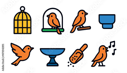 Flat vector icons of birds and cages: birdcage, bird swing, perch, feeder cup, flying bird, bird bath, seed scoop, singing icon.