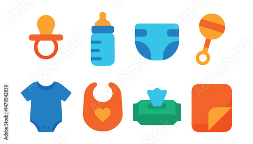 Flat vector icons of baby essentials: pacifier, baby bottle, diaper, rattle, onesie, bib, baby wipes, soft blanket.