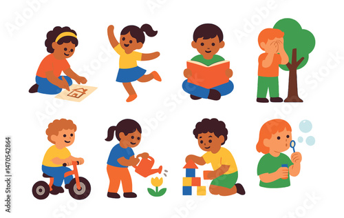 Flat vector icons of kids activities: drawing, dancing, reading, hide and seek, riding tricycle, gardening, building with blocks, blowing bubbles.