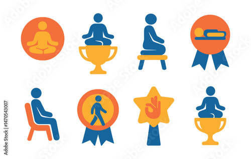 Flat vector icons of meditation postures: lotus pose badge, seated cross-legged trophy, kneeling meditation bench medal, lying down rest ribbon, back-supported pose icon, walking meditation badge,