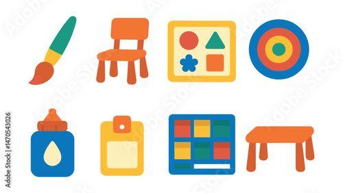 Flat vector icons of preschool items: paint brush, small chair, activity mat, circle time rug, glue pot, name tag, cubby storage, mini table.