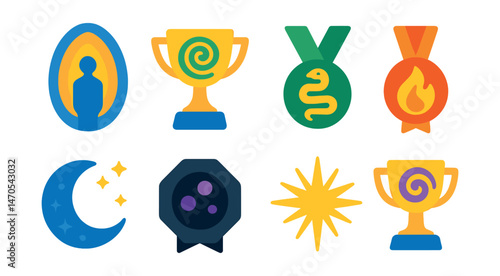 Flat vector icons of mystical energies: aura field badge, chakric spiral trophy, serpent energy medal, solar plexus flame ribbon, lunar force icon, dark matter essence badge, starlight ray star,