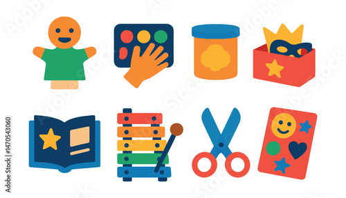 Flat vector icons of creative play: puppet, finger paint, play dough, costume box, storybook, musical toy, craft scissors, sticker sheet.