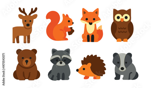 Flat vector icons of wildlife and forest animals: deer, squirrel, fox, owl, bear, raccoon, hedgehog, badger.