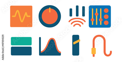 Flat vector icons of sound design: oscillator icon, filter knob, reverb icon, synth panel, sound layer, envelope curve, modulation wheel, patch cable.