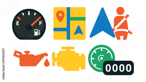 Flat vector icons of vehicle dashboard: fuel gauge, GPS map, navigation arrow, seatbelt alert, oil warning, engine light, cruise control, trip odometer.