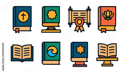 Flat vector icons of holy books and scriptures: Bible with cross badge, Quran with stand trophy, Torah scroll medal, Bhagavad Gita lotus ribbon, Buddhist sutra icon, Tao Te Ching wave badge, Guru