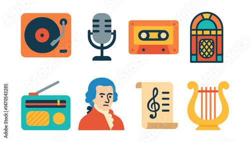Flat vector icons of music history: vinyl player, classic microphone, music cassette, jukebox, retro radio, composer portrait, symphony scroll, ancient harp.