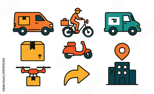 Flat vector icons of delivery vehicles: courier van, cargo bike, delivery scooter, mail truck, package box, drone delivery, logistics arrow, dispatch center.