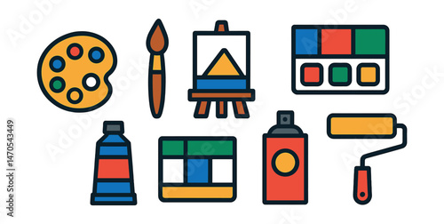 Flat vector icons of painting supplies: paint palette, paintbrush, easel, canvas, tube of acrylic, watercolor pan, spray paint, paint roller.