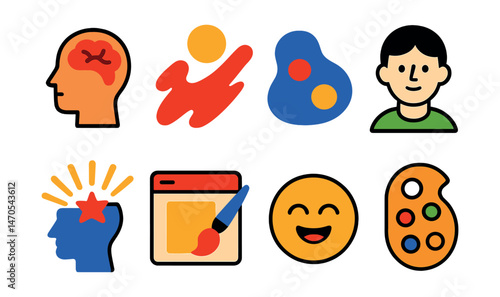 Flat vector icons of creative expression: open mind, emotion stroke, abstract shape, self-portrait, creative explosion, art therapy, expressive face, mood palette.