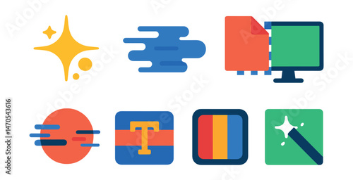 Flat vector icons of visual effects: lens flare, motion blur, background removal, green screen, glitch effect, title overlay, LUT icon, chroma key.
