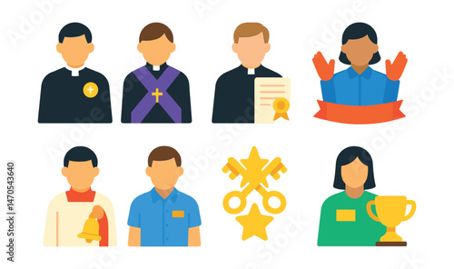 Flat vector icons of clergy and staff: priest with robe badge, deacon cross sash trophy, pastor sermon sheet medal, choir director hands ribbon, altar server bell icon, church usher badge, sacristan