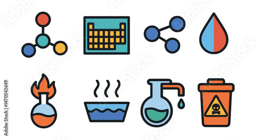 Flat vector icons of chemistry symbols: molecule, periodic table, chemical bond, acid base drop, reaction fire, evaporation icon, distillation tube, chemical waste bin.