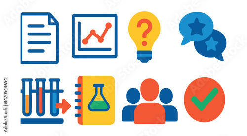 Flat vector icons of scientific research: research paper, data graph, hypothesis symbol, peer review, experiment steps, lab notebook, research team, conclusion checkmark.