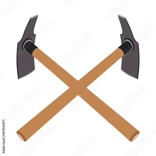 Illustration of two crossed traditional hand hoes with wooden handles and metal blades
