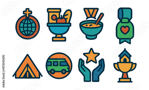 Flat vector icons of church outreach: missionary globe badge, food drive box trophy, soup kitchen bowl medal, homeless care bag ribbon, prayer tent icon, service trip van badge, refugee support hands