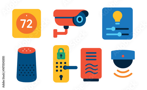 Flat vector icons of smart home devices: wall thermostat, security camera, smart speaker, lighting control panel, smart door lock, air purifier, robot vacuum, motion sensor.