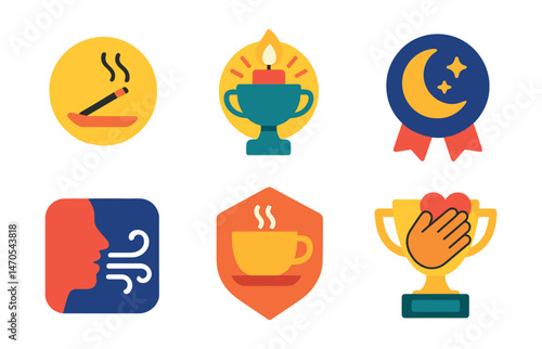 Flat vector icons of daily rituals: morning incense lighting badge, evening candle trophy, sunrise gratitude gesture medal, bedtime reflection ribbon, cleansing breath icon, tea offering badge,