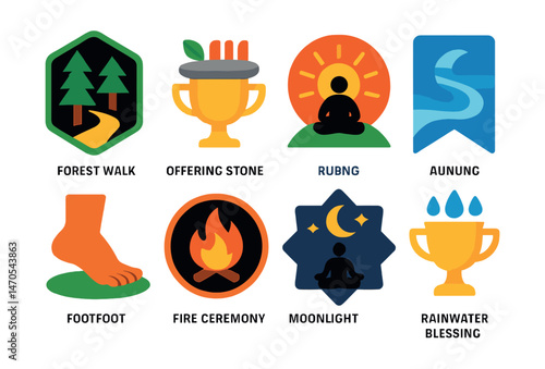 Flat vector icons of nature rituals: forest walk badge, offering stone circle trophy, sunrise prayer hill medal, river cleansing ribbon, barefoot earth grounding icon, fire ceremony badge, moonlight