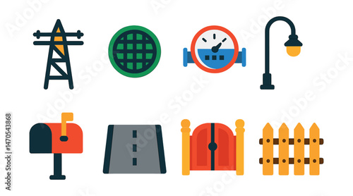 Flat vector icons of housing infrastructure: power line, sewer cover, water meter, streetlight, mailbox, sidewalk, front gate, fence.