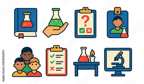 Flat vector icons of scientific education: science book, beaker in hand, quiz icon, lab badge, student group, test review, school lab desk, online microscope.