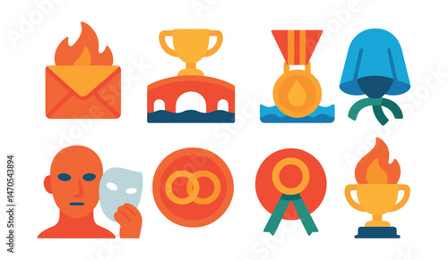 Flat vector icons of transformation rituals: burning letter badge, bridge crossing trophy, water immersion medal, veil lifting ribbon, mask removal icon, vow circle badge, threshold arch star,
