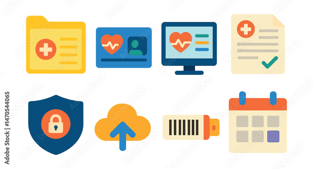 Flat vector icons of healthcare data: medical file, health ID card, EHR system, test result printout, privacy shield, cloud storage, barcode wristband, appointment calendar. Flat vector icons of healthcare data: medical file, health ID card, EHR system, test result printout, privacy shield, cloud storage, barcode wristband, appointment calendar.