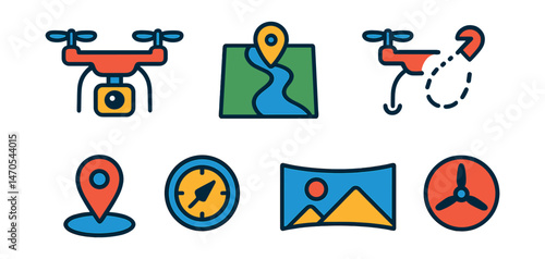 Flat vector icons of drone photography: drone with camera, aerial shot, flight path, remote control, GPS tracker, altitude meter, panorama icon, propeller view.