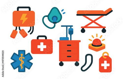 Flat vector icons of medical emergencies: defibrillator, oxygen mask, stretcher, emergency kit, crash cart, alert button, rescue symbol, medical ID tag.