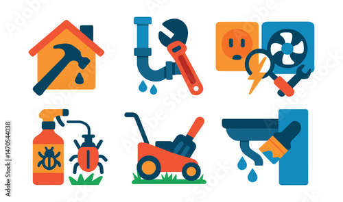 Flat vector icons of home maintenance: roof repair, plumbing fix, electrical check, HVAC service, pest control, lawn care, gutter clean, paint refresh.