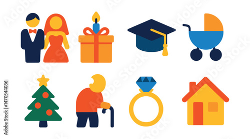 Flat vector icons of event types: wedding ceremony, birthday bash, graduation cap, baby shower, holiday party, retirement event, engagement ring, housewarming.