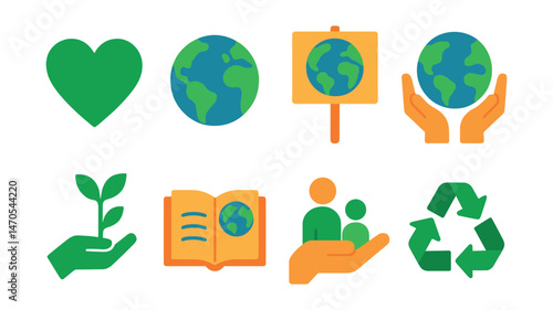 Flat vector icons of environmental awareness: green heart, save the planet, climate strike sign, earth care, nature hand, eco education, future generations, sustainability icon.