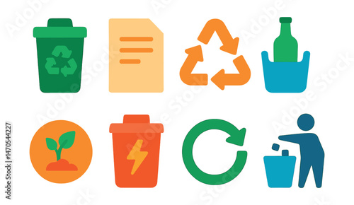 Flat vector icons of recycling and waste sorting: recycle bin, paper waste, plastic symbol, glass sorting, compost sign, e-waste bin, zero waste, trash separation.