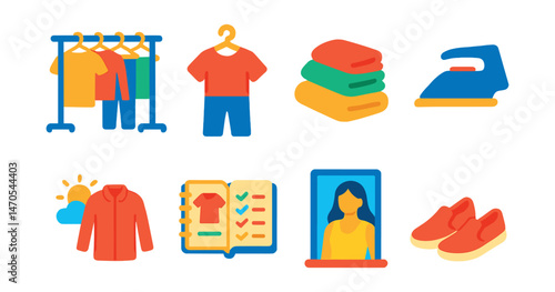 Flat vector icons of daily outfit routine: wardrobe rack, chosen outfit, laundry pile, clothes iron, weather outfit icon, fashion planner, mirror check, comfy shoes.