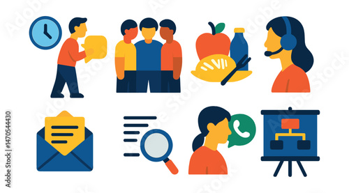 Flat vector icons of office routines: daily standup, team huddle, lunch break, client call, inbox check, document review, end-of-week recap, project planning.