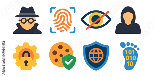 Flat vector icons of online privacy: incognito mode, fingerprint scan, eye blocker, anonymous user, privacy settings, cookie consent, VPN icon, digital footprint.