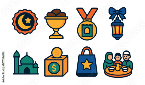 Flat vector icons of Ramadan & Eid: crescent moon with star badge, date fruit bowl trophy, prayer mat medal, lantern decoration ribbon, mosque silhouette icon, zakat donation box badge, Eid gift bag