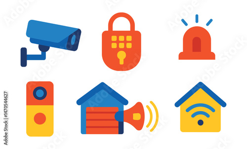 Flat vector icons of smart home security: camera icon, smart lock, motion sensor, alarm system, doorbell cam, garage security, indoor alert, smart home hub.